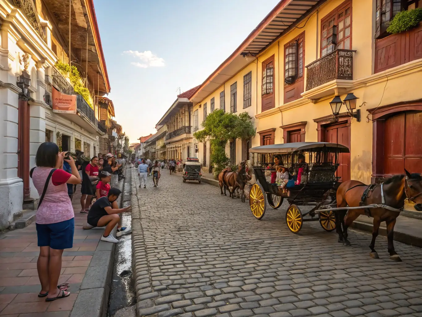 A lively street scene in Intramuros, Manila, featuring historical buildings, horse-drawn carriages, and people exploring the area. This image represents the rich history and cultural heritage of Manila.