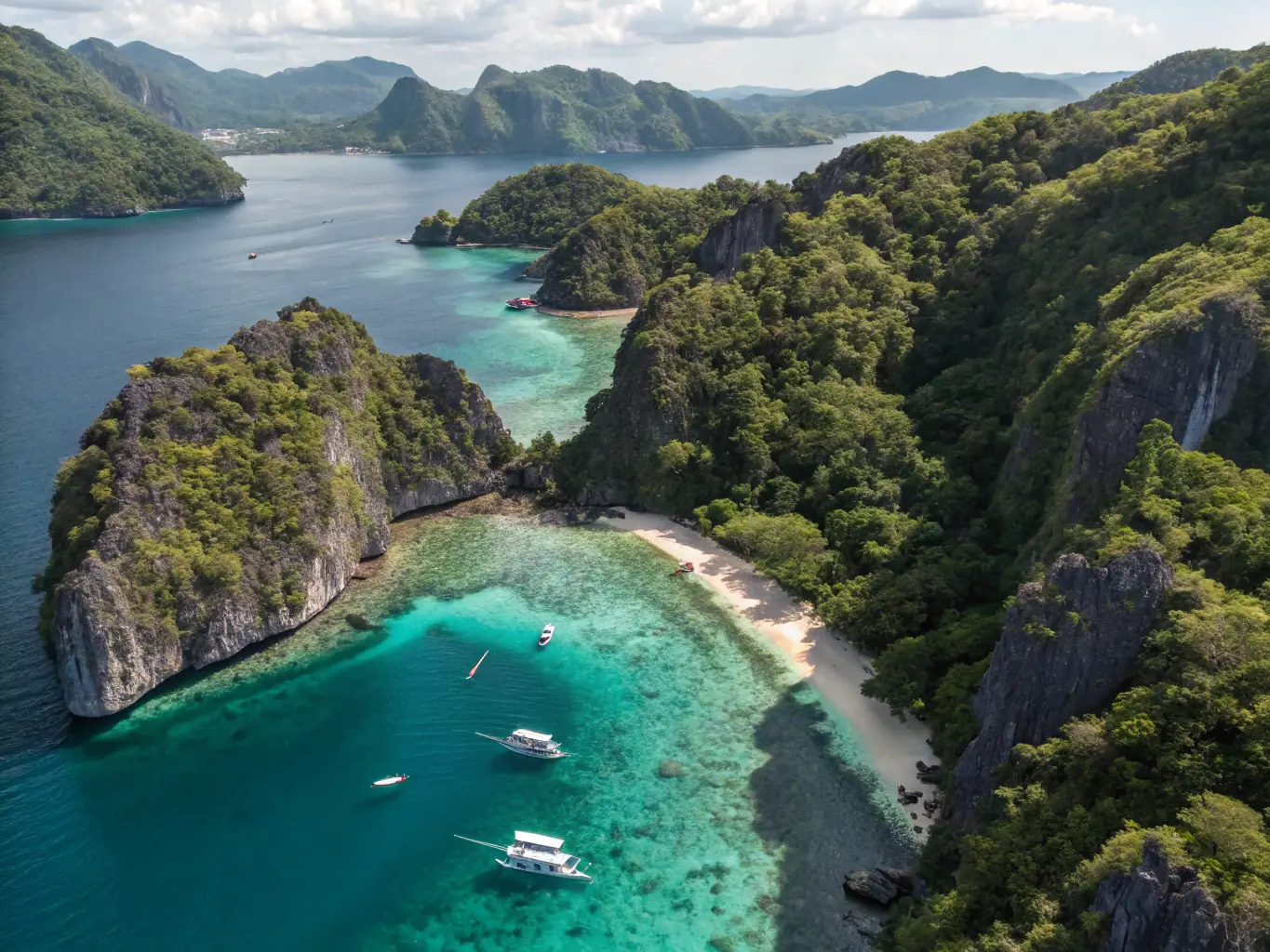 A stunning aerial view of El Nido, Palawan, showcasing its turquoise waters, limestone cliffs, and hidden lagoons. This image represents the pristine beauty and island-hopping adventures available in Palawan.